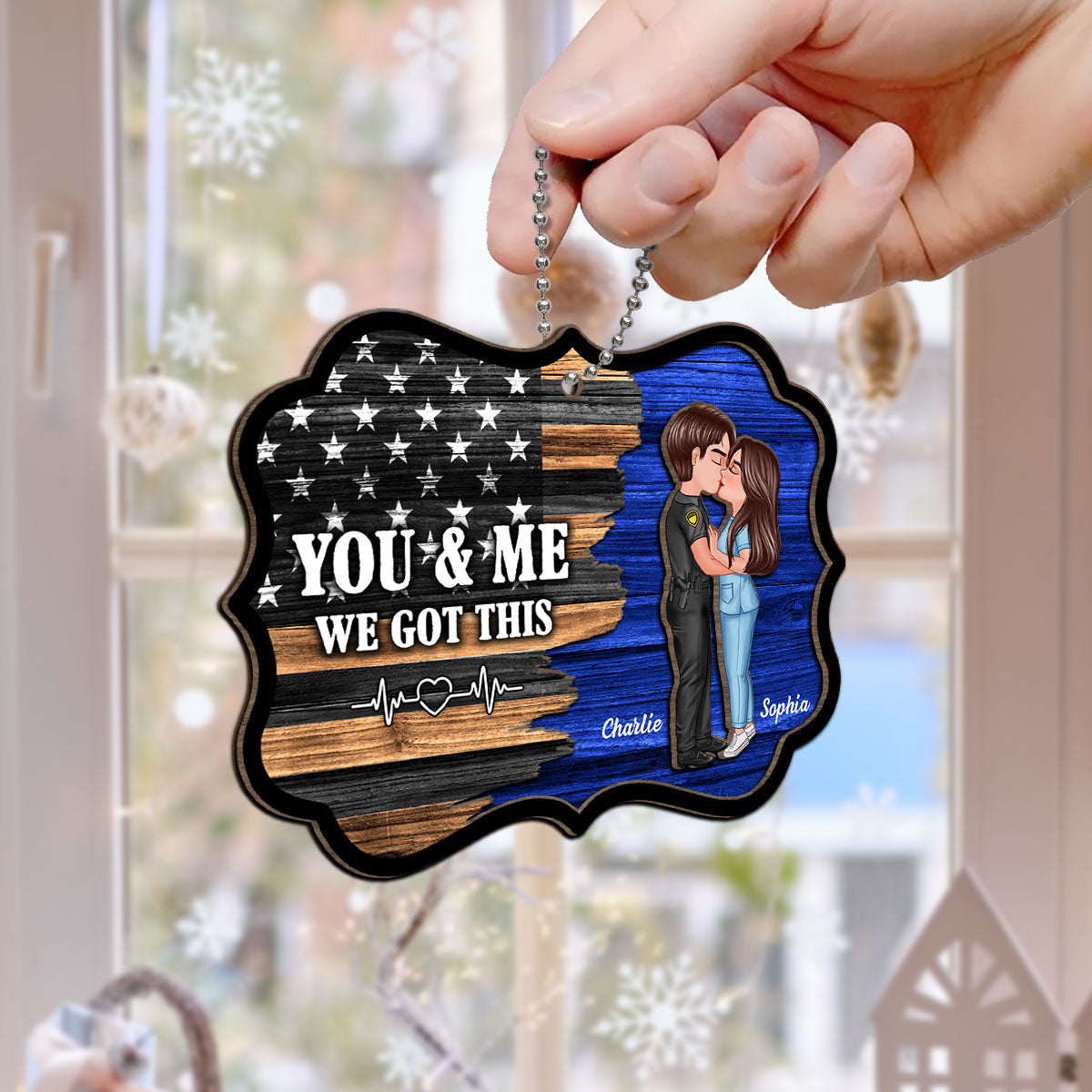 Hero Couple Kissing Half Flag Christmas Decor Gift Personalized 2-Layer Wooden Ornament