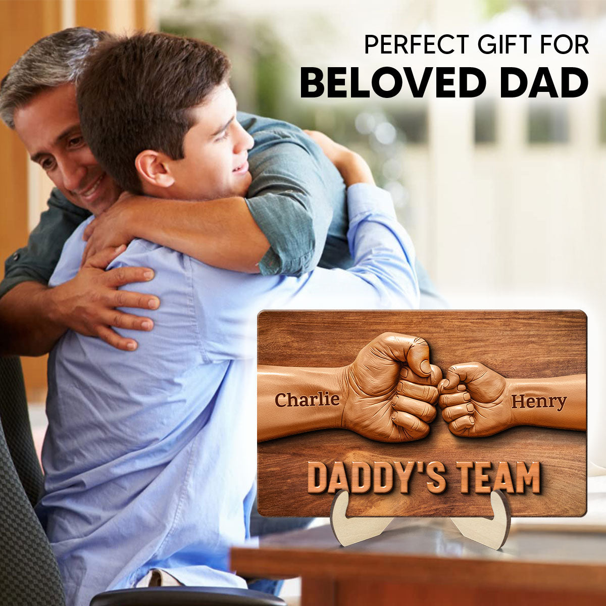 Daddy Team Fist Bump 3D Effect Wooden Sculpture Personalized 2-Layerd Wooden Plaque, Father's Day Gift