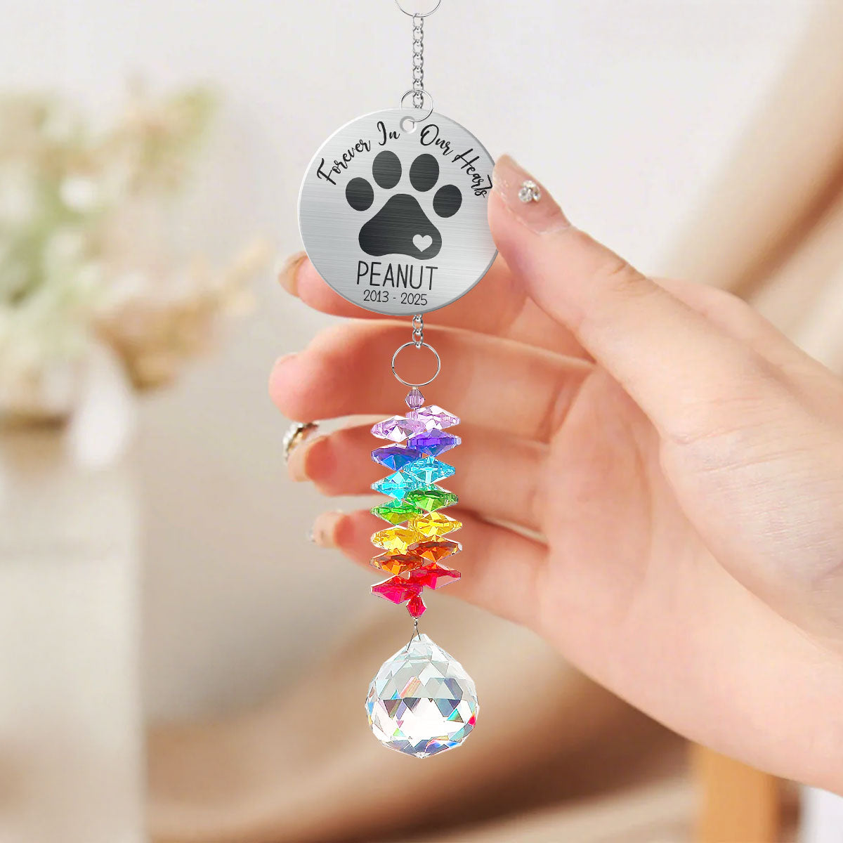 Pet Dog Memorial Forever In Our Hearts Personalized Crystal Suncatcher With Aluminum Charm