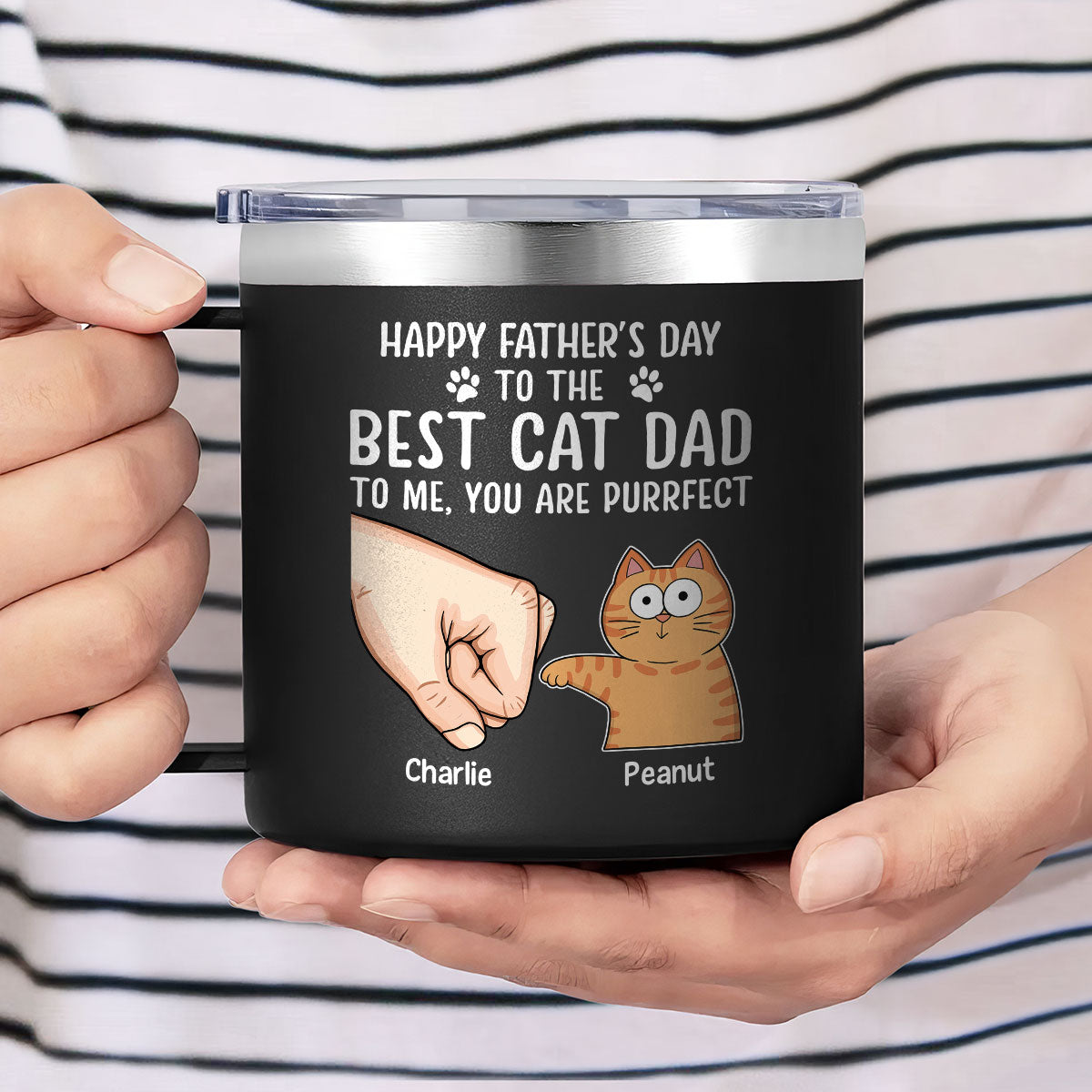 Happy Father‘s Day Fist Bump Funny Cute Cats Personalized Stainless Steel Tumbler With Handle, Gift For Cat Dad