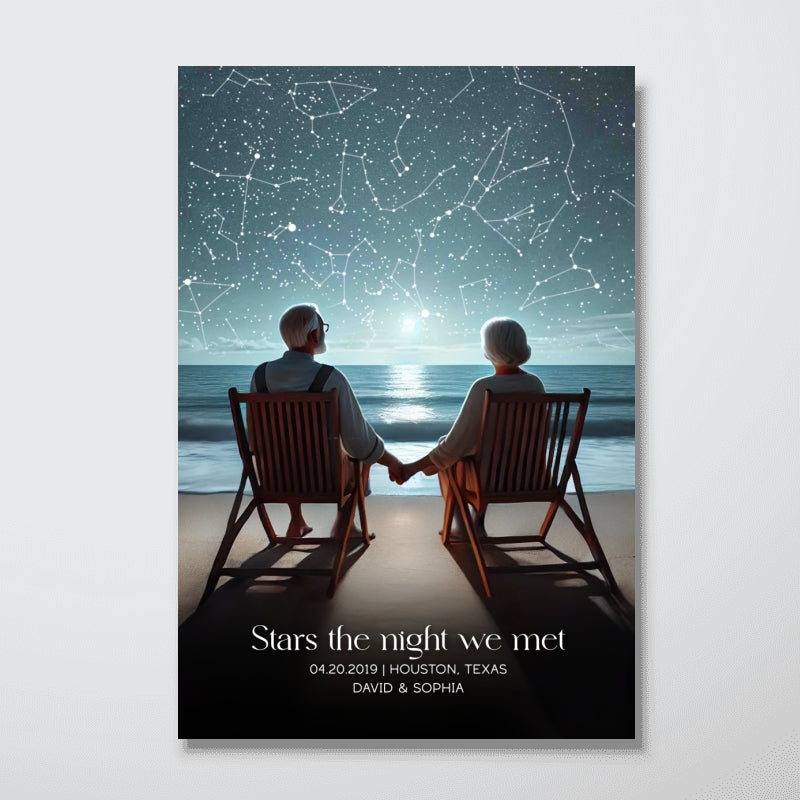 Romantic Beach Landscape Old Couple Sitting Under the Starry Night Poster, Custom Star Map by Date, Personalized Couple Constellation Map, Gift for him and her