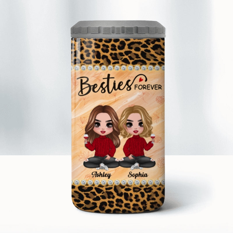 Leopard Pattern Doll Besties Sisters Sitting Personalized 4 In 1 Can Cooler