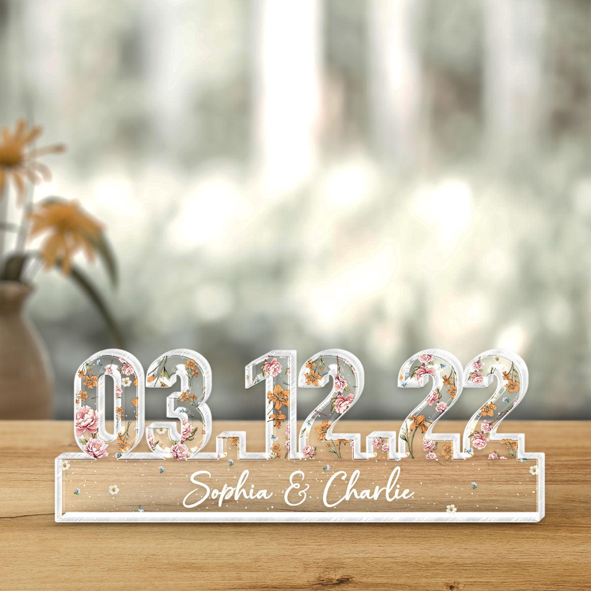 Couple Engagement Wedding Anniversary Special Date Custom Flower Printed Acrylic Block Plaque,  Gift For Her, Gift For Him