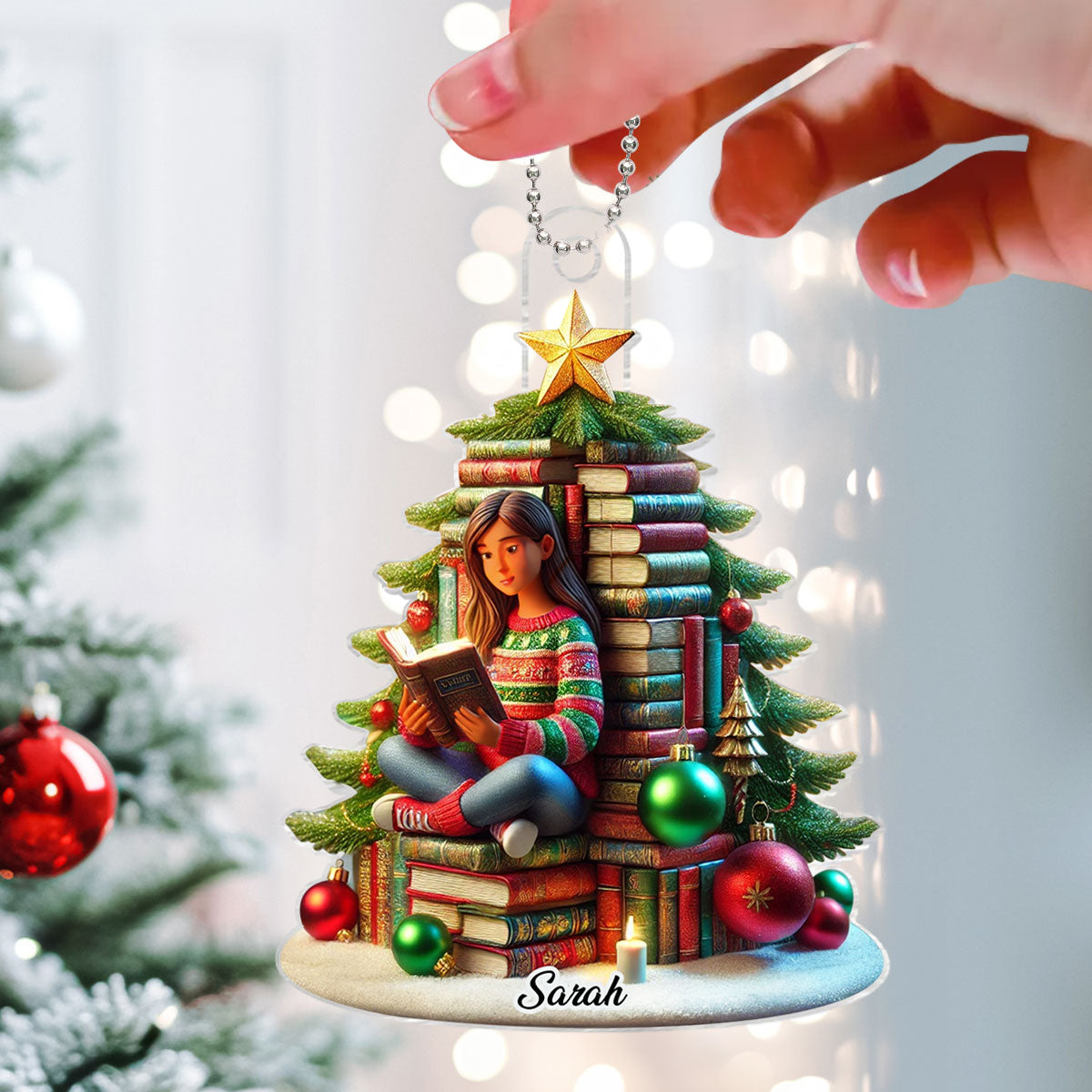 Book Christmas Tree Girl Sitting Acrylic Ornament, Personalized Book Christmas Tree Ornament, Christmas Gift For Book Lovers