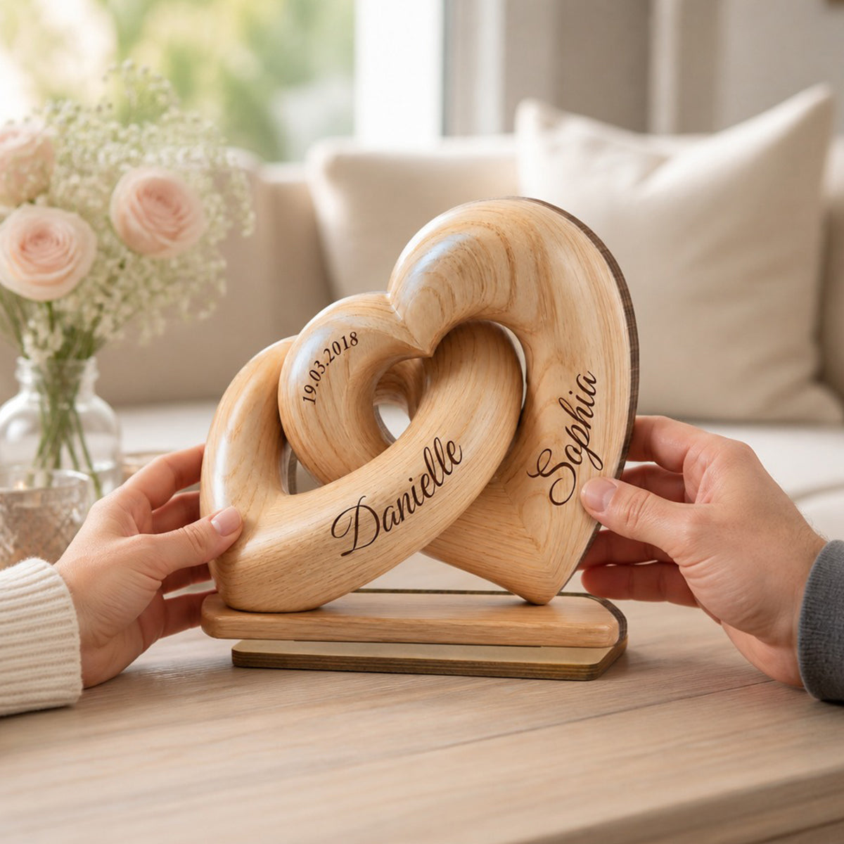 Interlocked Hearts Couple - Personalized 2-Layered Wooden Plaque - Gift for Him, for Her