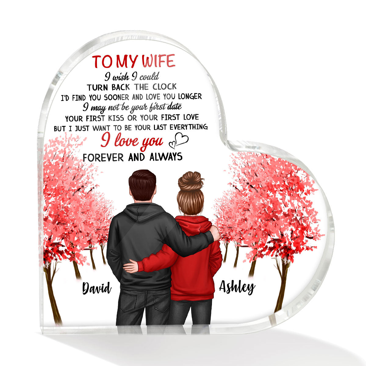 Couple Standing Back View Trees Personalized Acrylic Heart Plaque