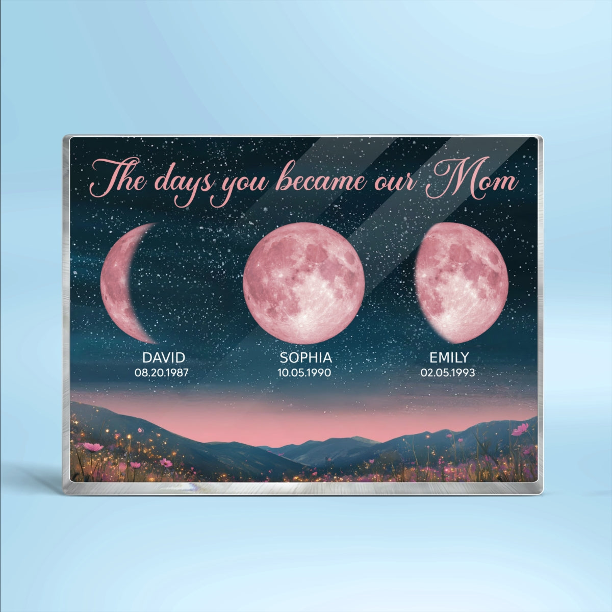 Pink Moon Phase Custom Birth Moon Beautiful Hill At Night Personalized Acrylic Block Plaque, Gift For Mom