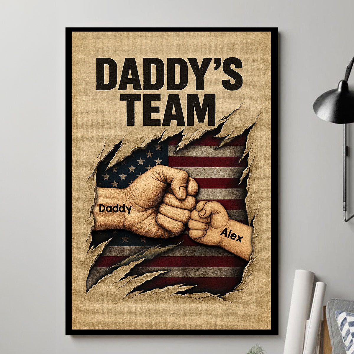 Daddy's Team Fist Bump Torned Flag Personalized Poster, Father's Day Gift for Dad