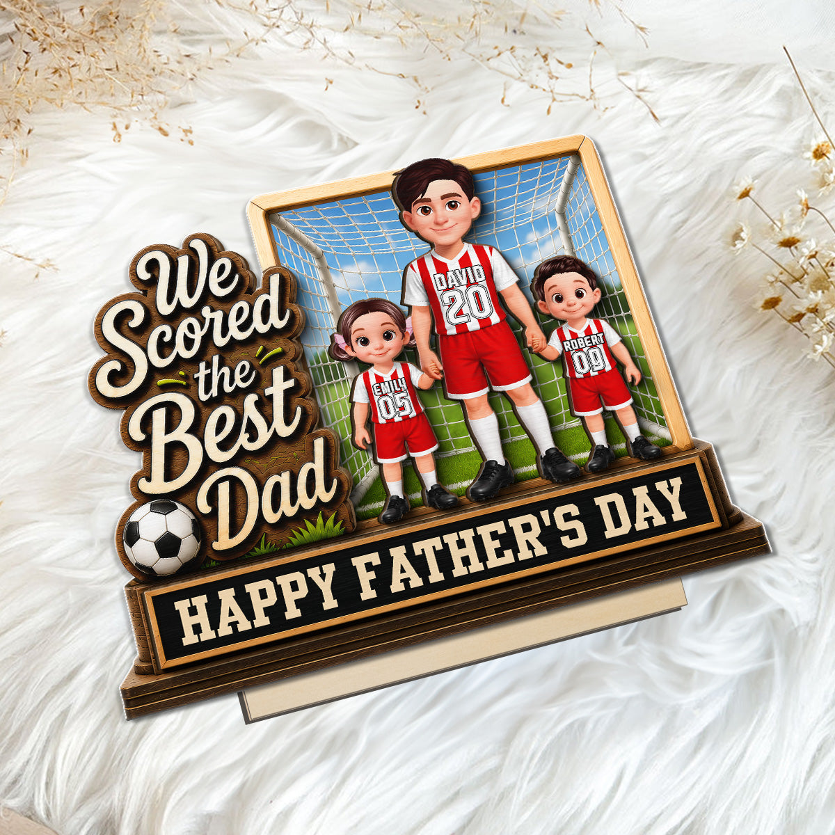 We Scored The Best Dad Dad & Kids In Goal 2D Flat - Personalized 2-Layered Wooden Plaque - Father's Day Gift For Soccer Dad, UK Football Dad