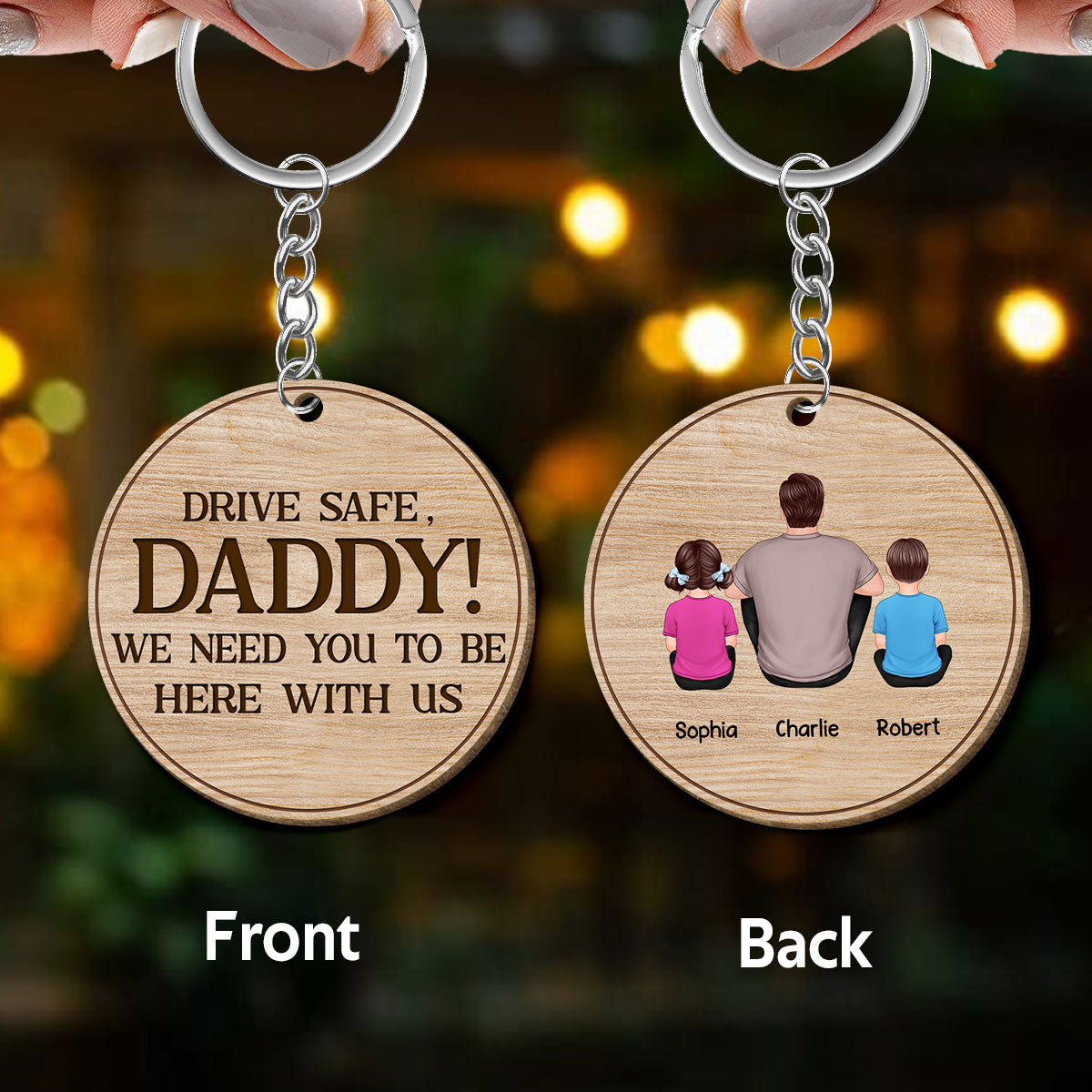 Dad We Love You Back View Sitting Man Kids Dog Cat Personalized Round Wooden Keychain