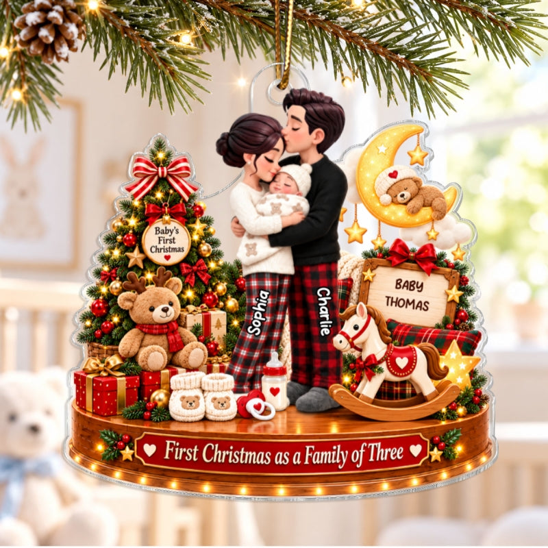 Heartwarming First Christmas As Family Of Three Newborn Baby - Personalized Acrylic Ornament - Christmas Keepsake, Gift For New Mom, New Dad, New Parents