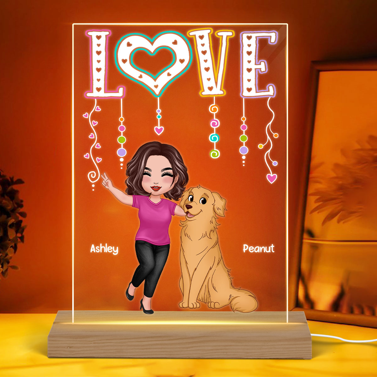 LOVE Happy Doll Woman With Dogs Cats Gift For Dog Mom Cat Mom Personalized Rectangle Acrylic Plaque LED Night Light