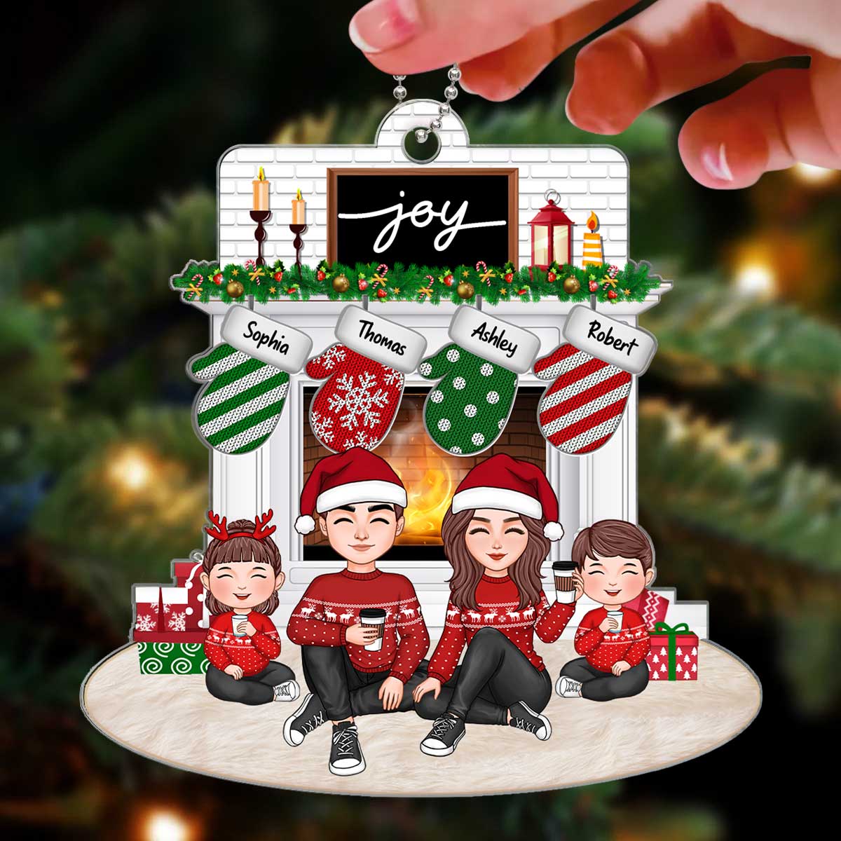Whole Cute Family Dad Mom Kids Dogs Cats Sitting At Fireplace Christmas Gift Personalized Acrylic Ornament