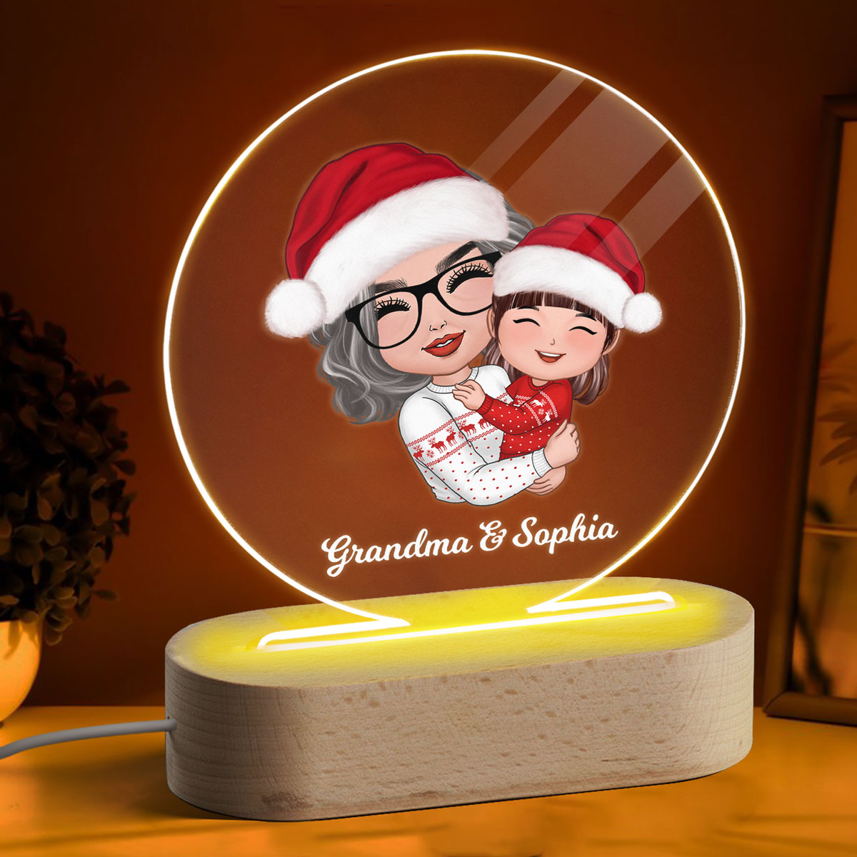 Doll Grandma Mom Hugging Kid Christmas Gift For Granddaughter Grandson Personalized Circle LED Night Light Acrylic LED Lamp