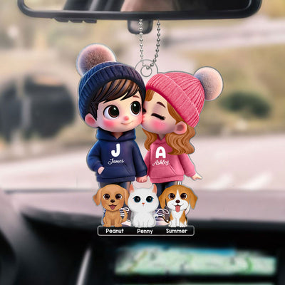 3D Effect Cute Cartoon Couple Watercolor Dogs Cats Personalized Acrylic Car Hanger,  Gift for Him, Gift for Her, Pet Lovers