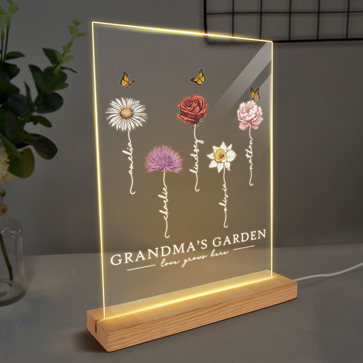 Grandma‘s Garden Love Grows Here Beautiful Birth Month Flower Gift For Grandma Mom - Personalized Acrylic Block Plaque LED Night Light - Gift For Grandma Mom