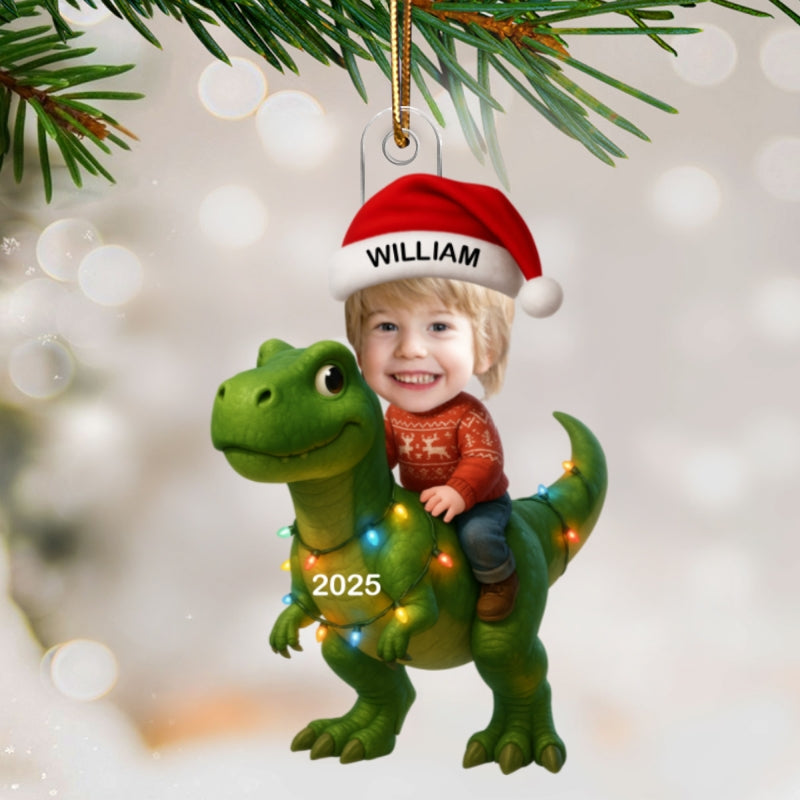 3D Effect Custom Kid Face With Dinosaur Christmas Personalized Acrylic Ornament