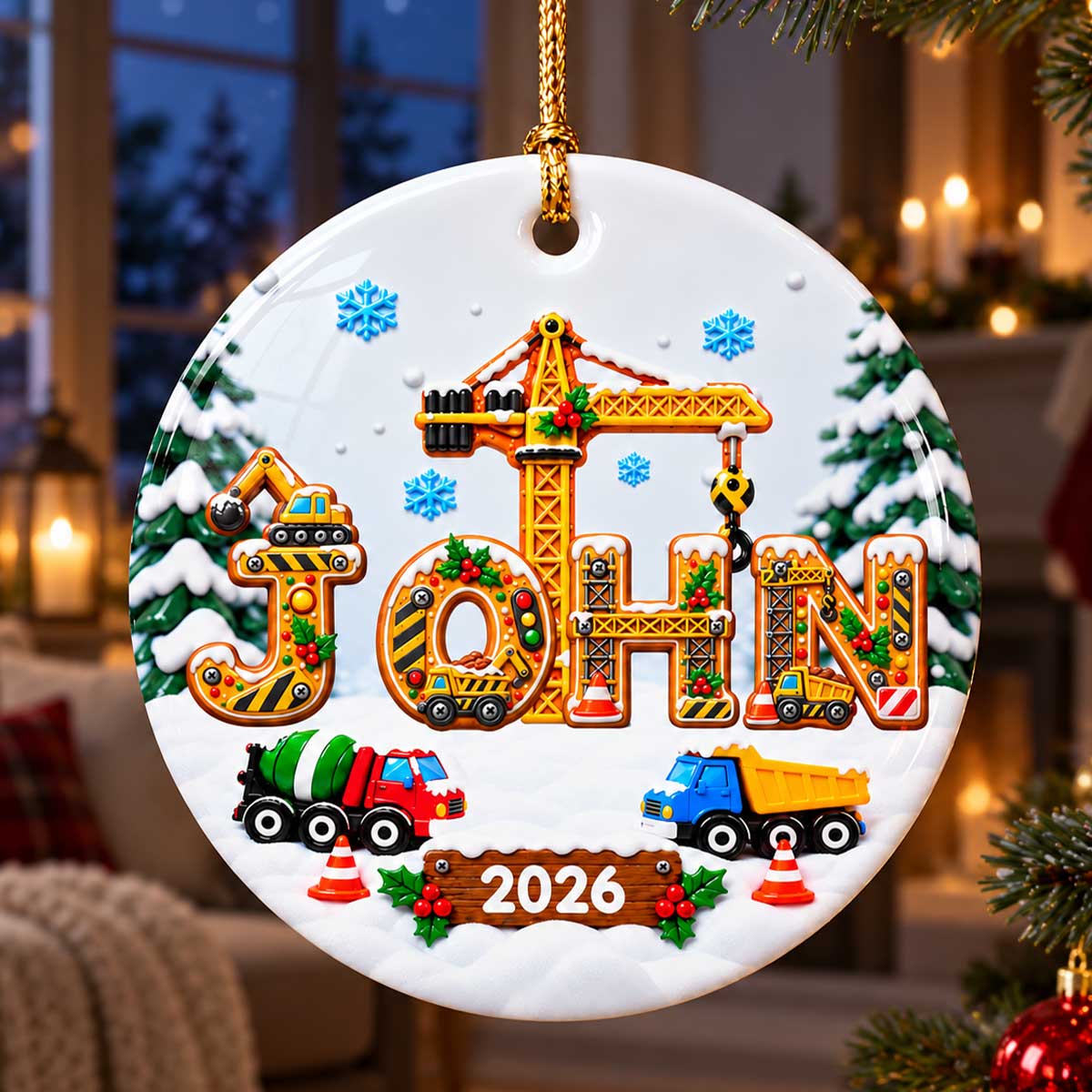 Kids Name Truck Christmas - Personalized Ceramic Ornament - Construction Vehicle Design, Gift For Boy Girl Grandkids
