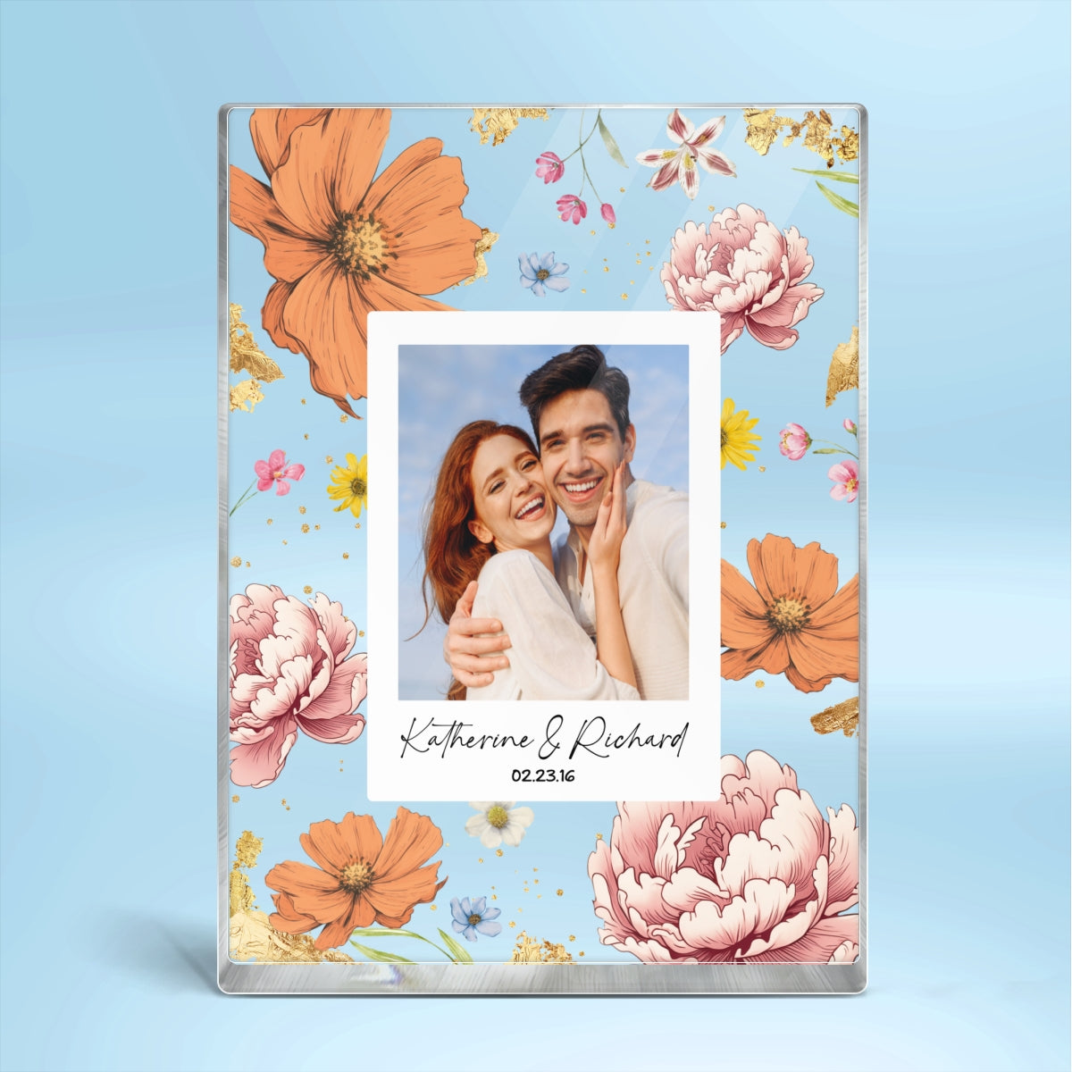 Couple Upload Photo Birth Month Flowers Personalized Acrylic Block Plaque, Anniversary Gift,  Gift