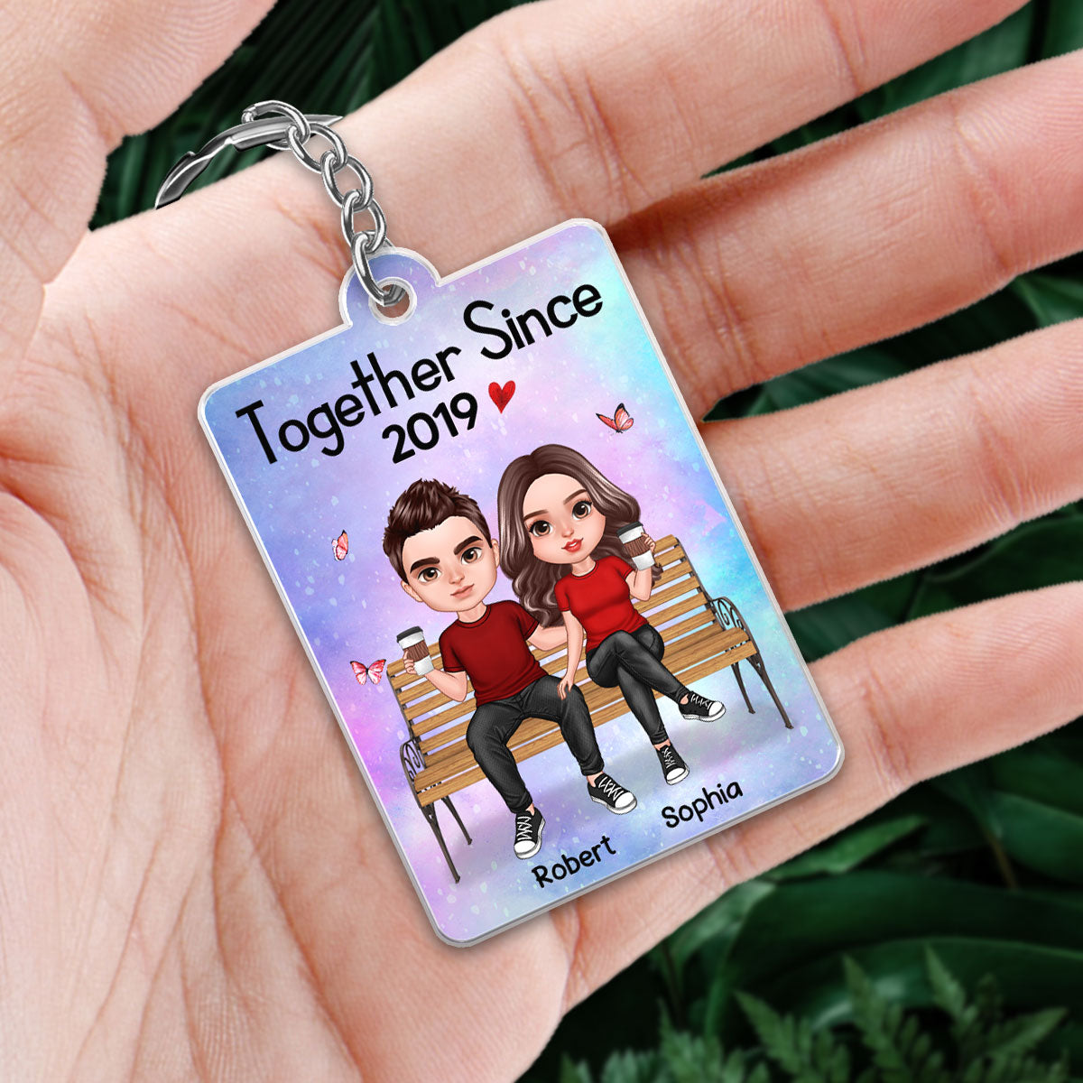 Realistic Doll Couple Sitting On Chair Favorite Song QR Code Personalized Acrylic Keychain