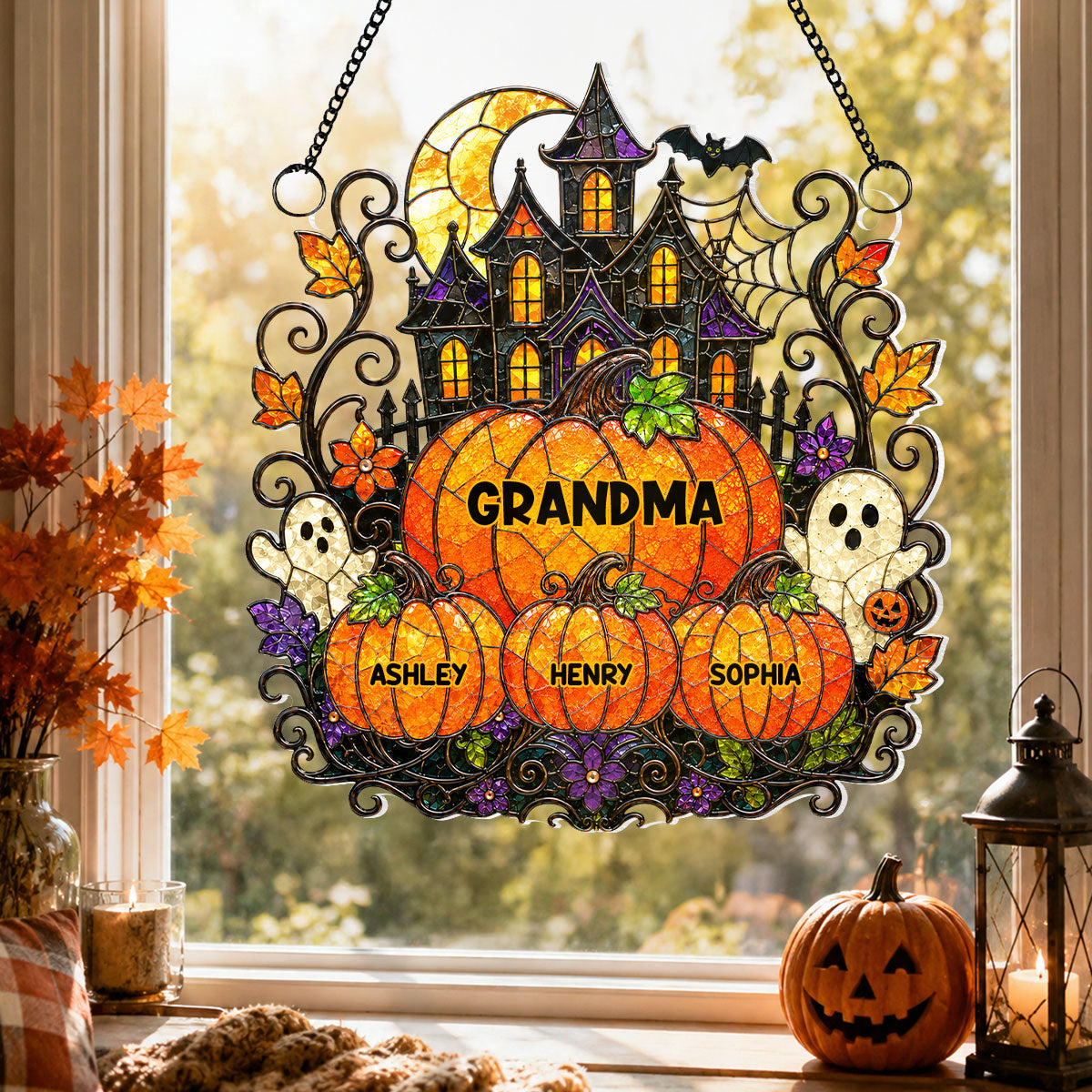 Whimsical Halloween Grandma's Little Pumpkins Haunted House - Personalized Acrylic Window Hanging - Halloween Decoration For Grandma