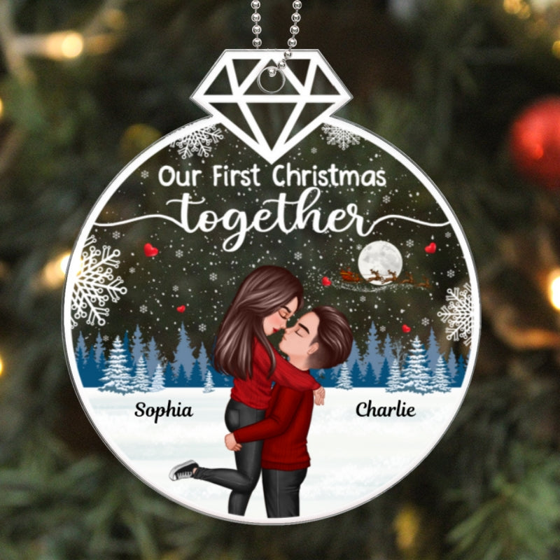 Our First Christmas Ring Shape Doll Couple Hugging Kissing Personalized Acrylic Ornament