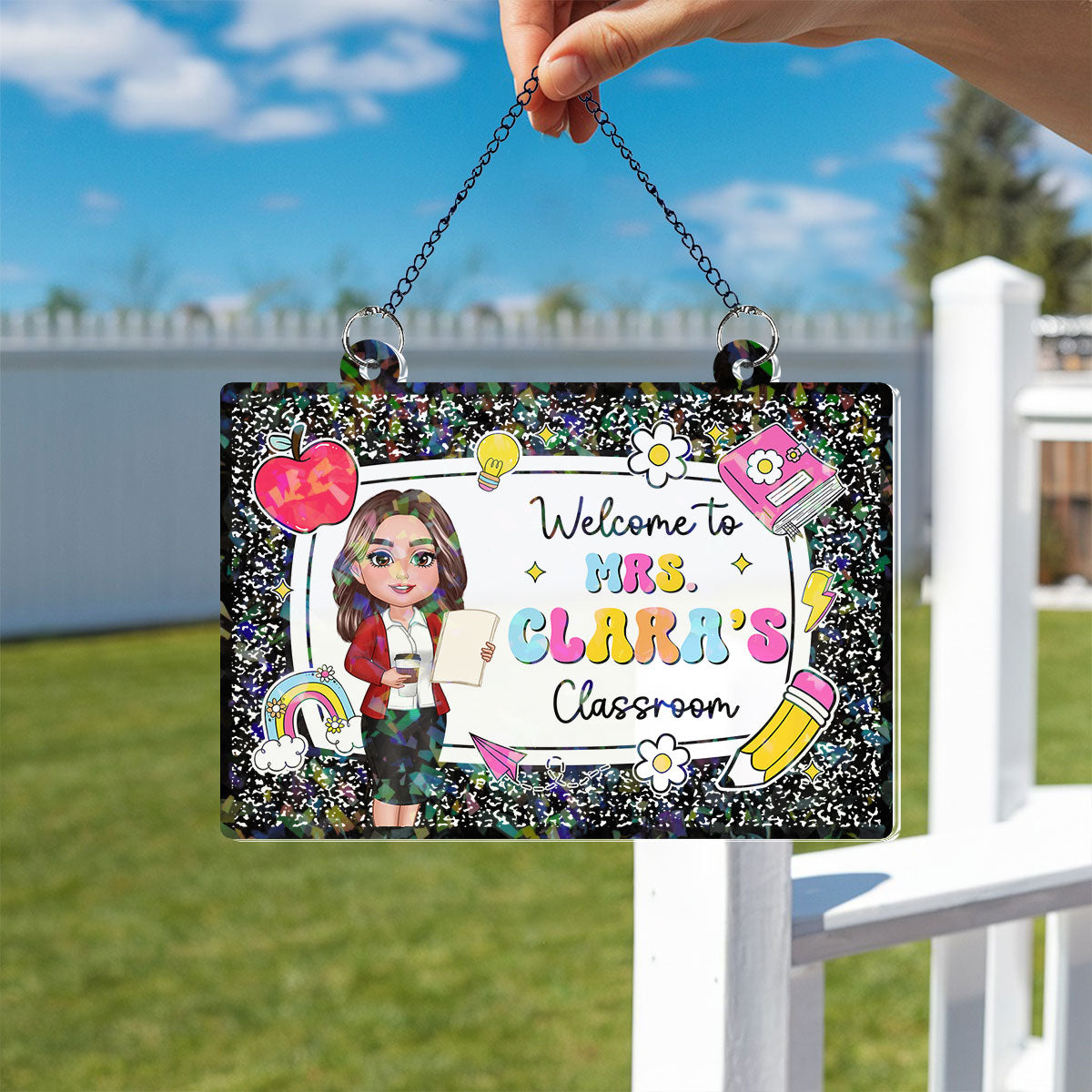 Teacher Composition Book Pattern Personalized Hologram Window Decor, Classroom Decor, Back To School Gift