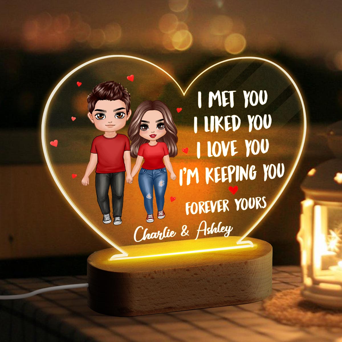 Doll Couple Standing I Met You Like You Love You Gift For Him For Her Personalized Acrylic Heart Plaque LED Lamp Night Light