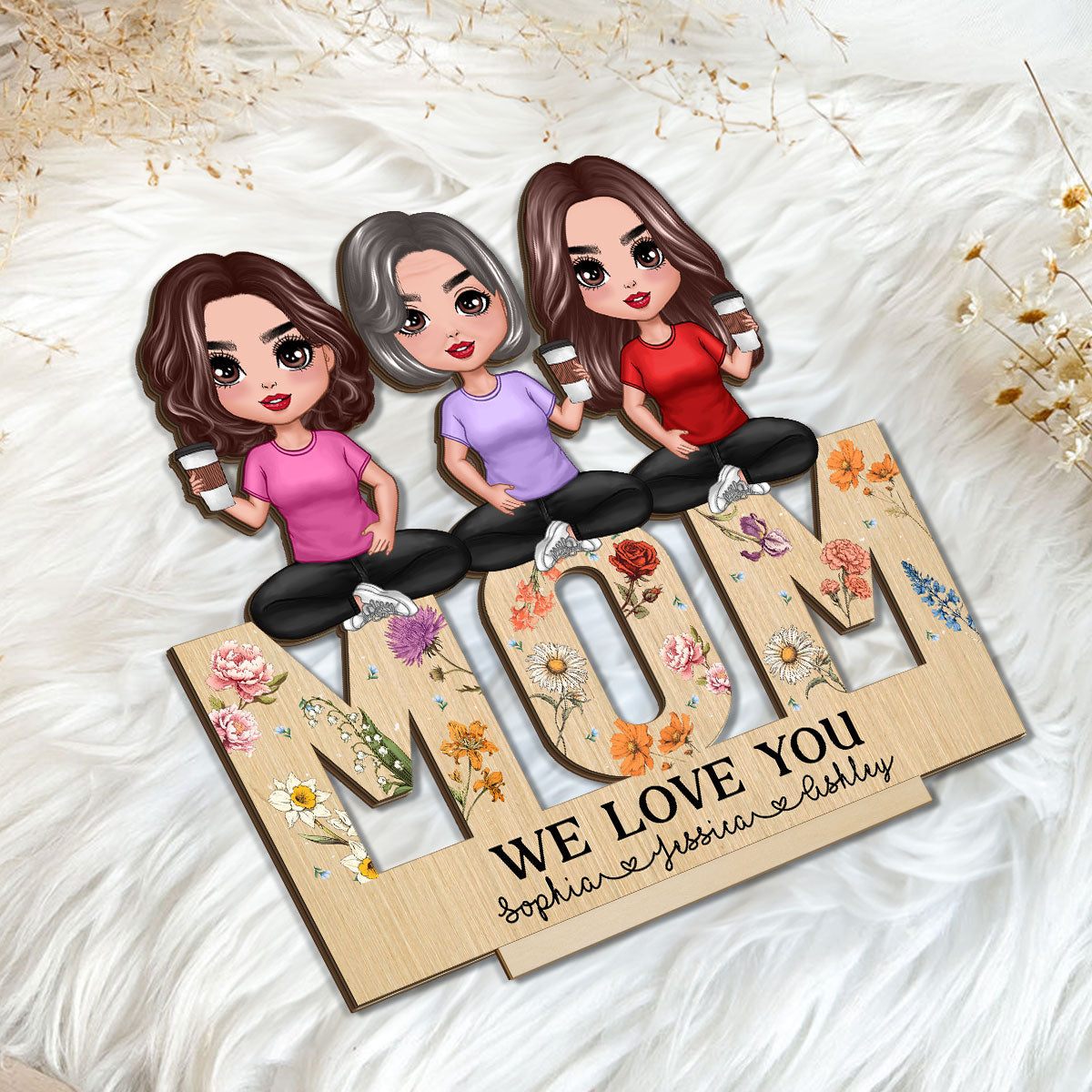 Mom And Daughters Sitting On Word Vintage Flowers Personalized Standing Wooden Plaque