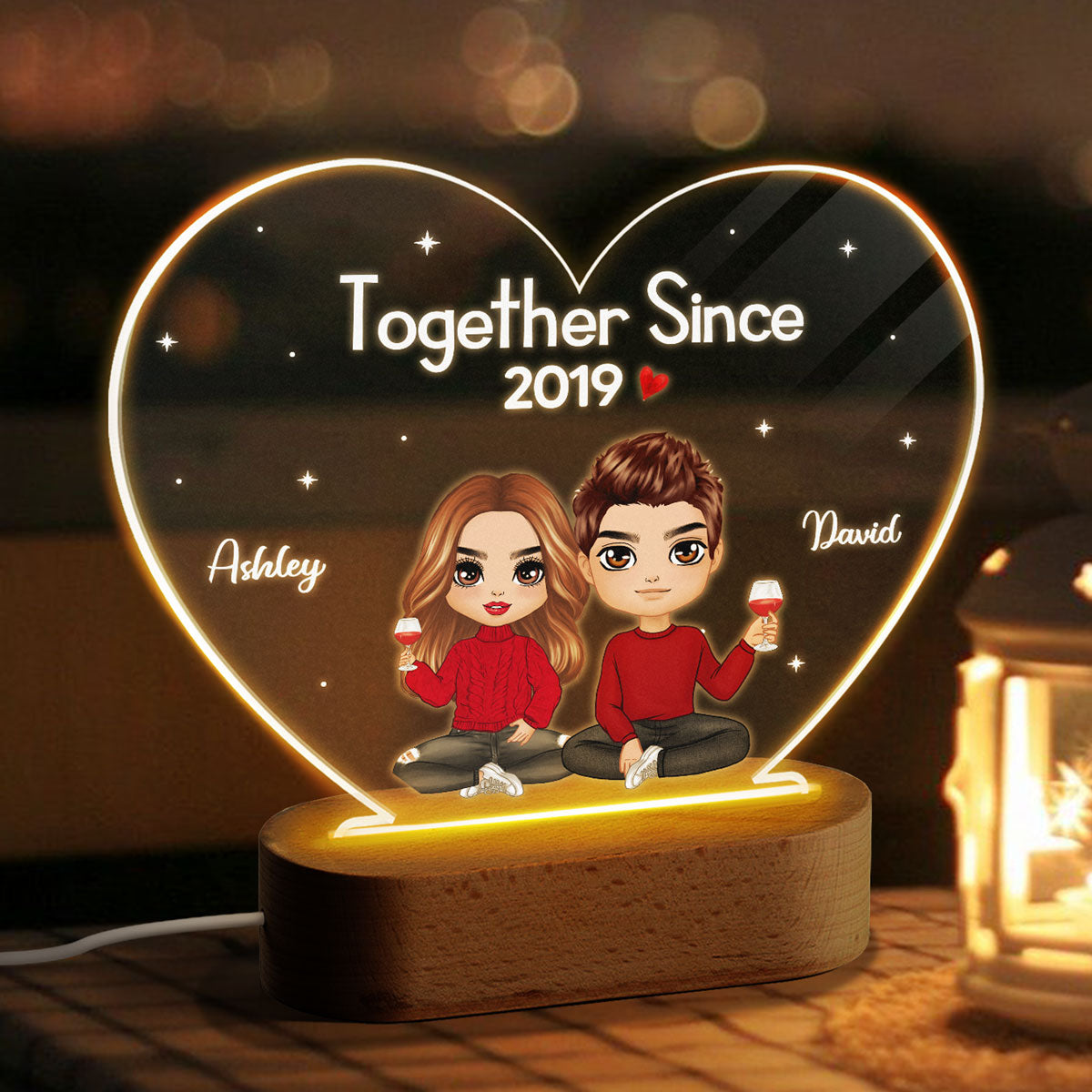 Doll Couple Sitting  Anniversary Gift For Him Gift For Her Personalized Heart Acrylic Plaque LED Lamp Night Light