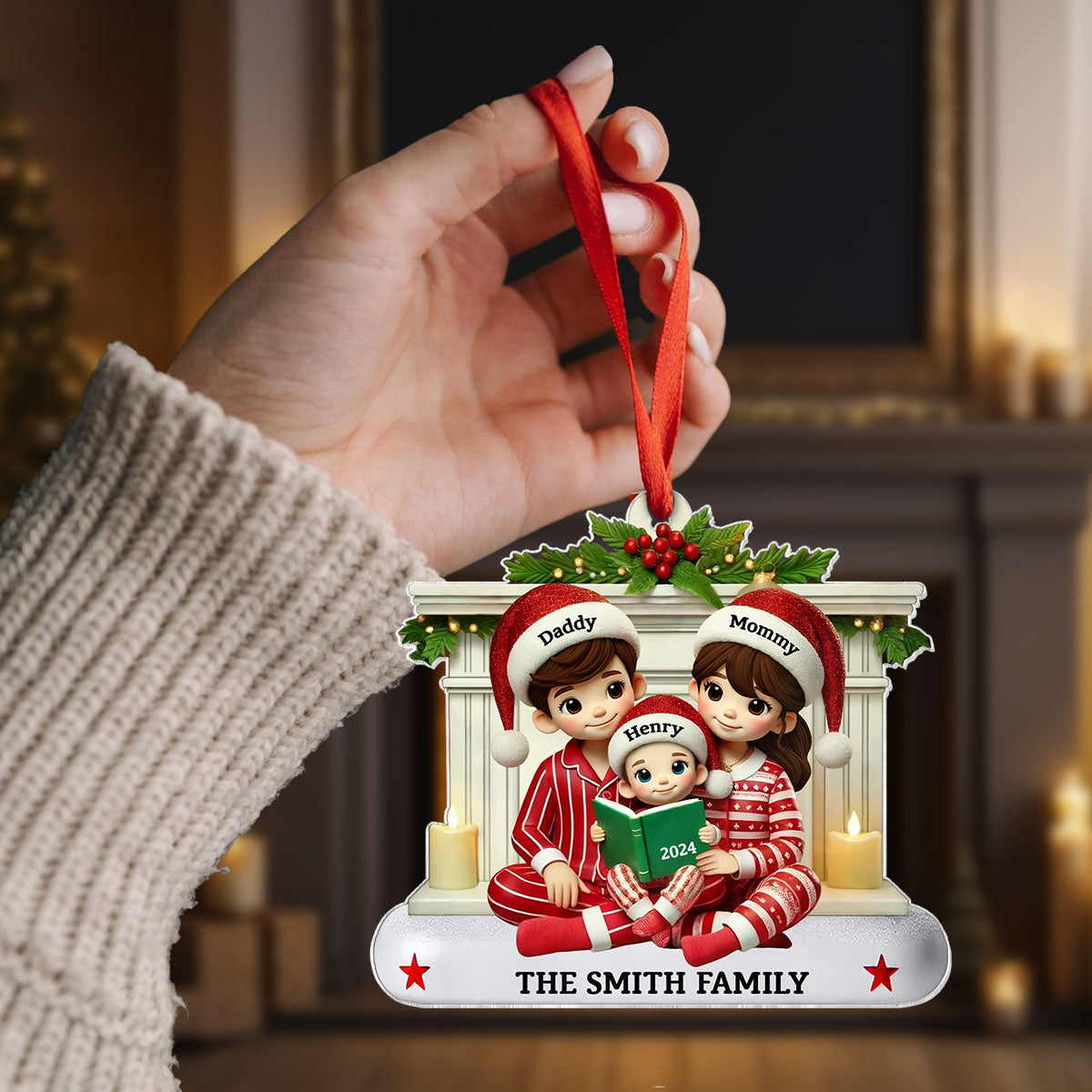 Christmas Pretty Family Reading Story 3D Effect Personalized Acrylic Ornament
