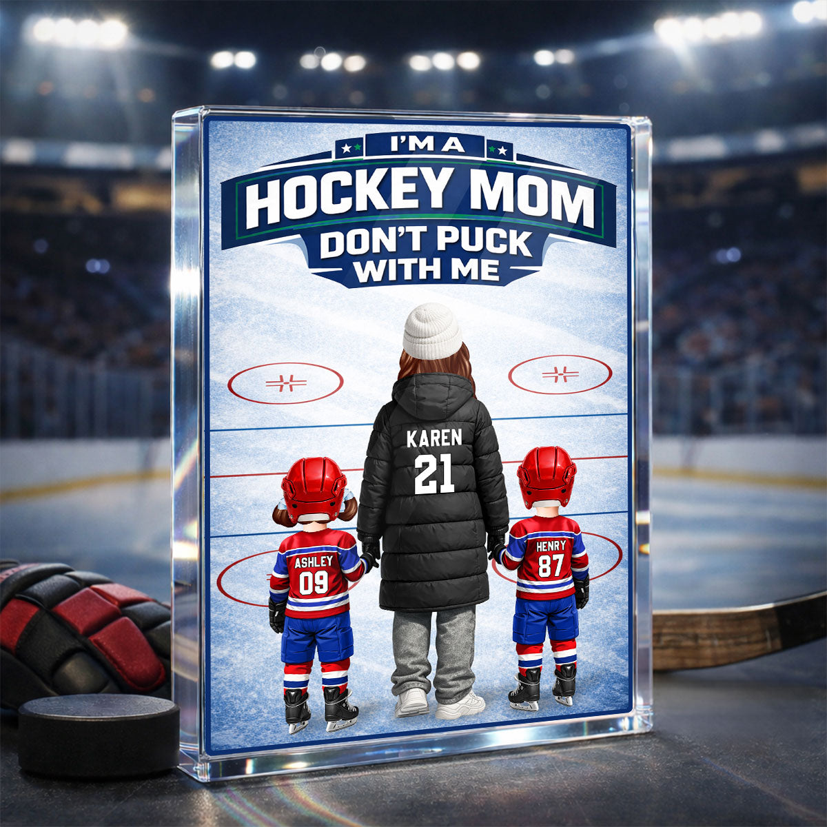 Hockey Mom And Her Kids - Personalized Acrylic Block Plaque - Heartfelt Gift For Hockey Mom