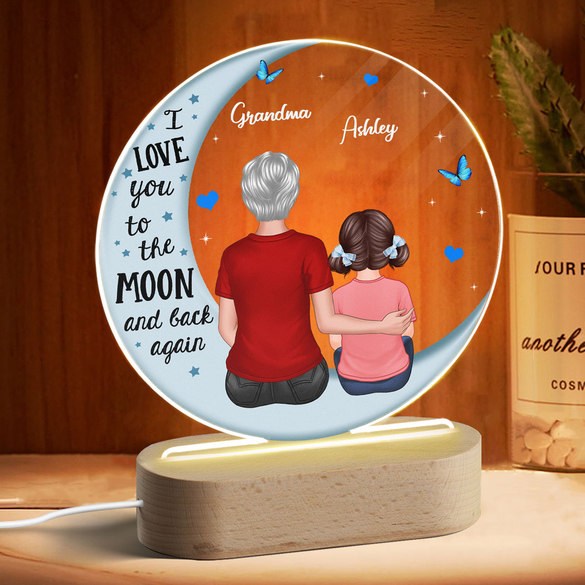 Grandma Hugging Grandkids Blue Moon Personalized Circle Acrylic LED Lamp Night Light