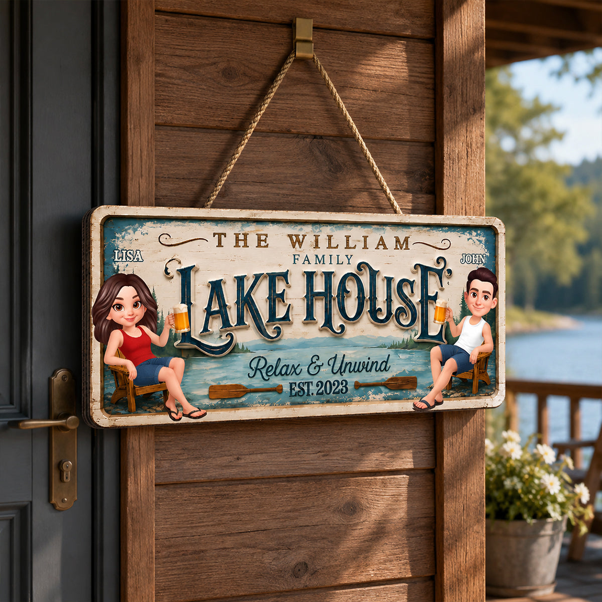 Family Lake House Relax & Unwind - Personalized Wood Sign - Gift For Couple, Family, Summer Decorations