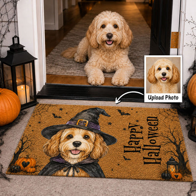Happy Halloween Custom Dog Cat Pet Photo Watercolor Style Art - Personalized Doormat - Halloween Decor For Dog, Cat Lovers