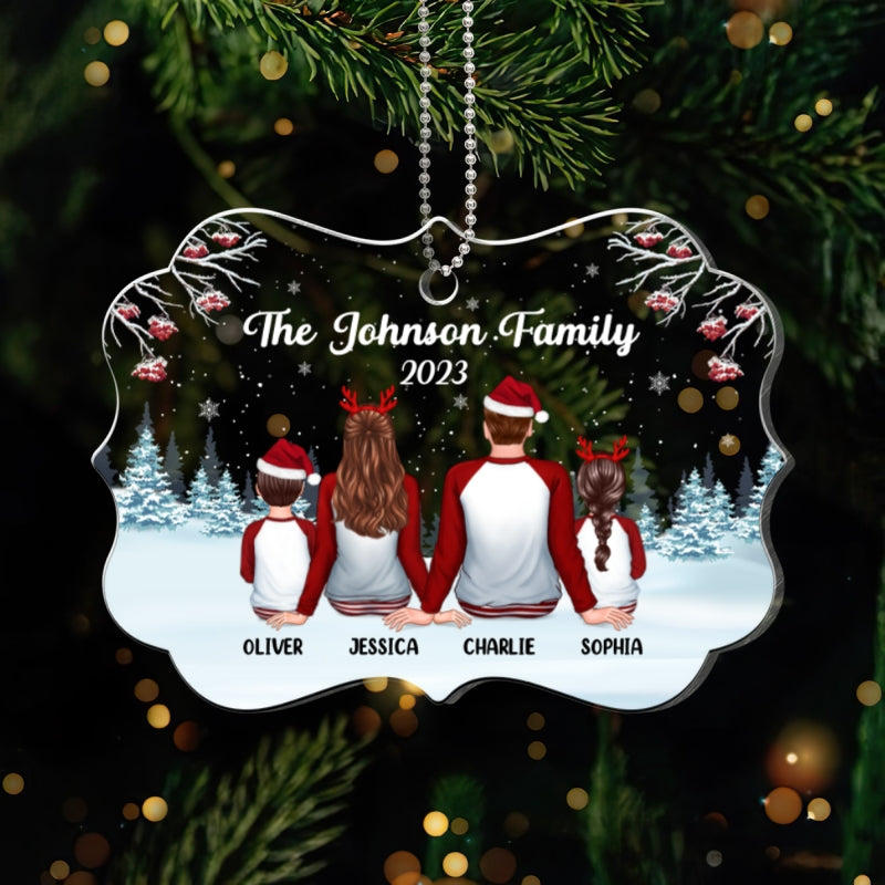 Family Back View Pajamas In Snow Personalized Acrylic Ornament