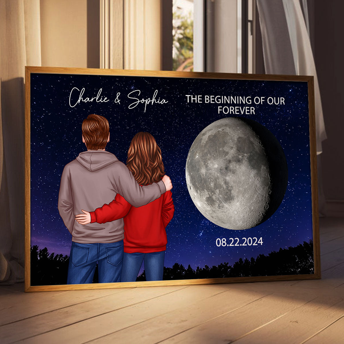 Back View Couple Custom Moon Phases The Day We Met Personalized Poster, Heartfelt Gift For Couple, For Him, For Her, Boyfriend, Girlfriend, Husband, Wife