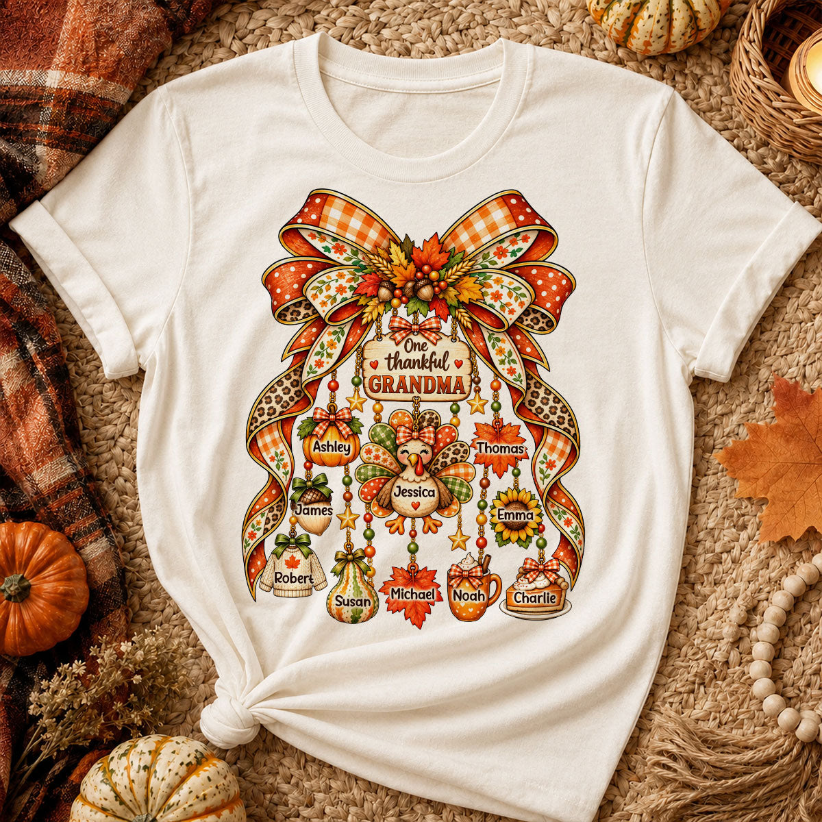 One Thankful Grandma Fall Thanksgiving Charm Bow - Personalized Shirt - Gift for Grandma
