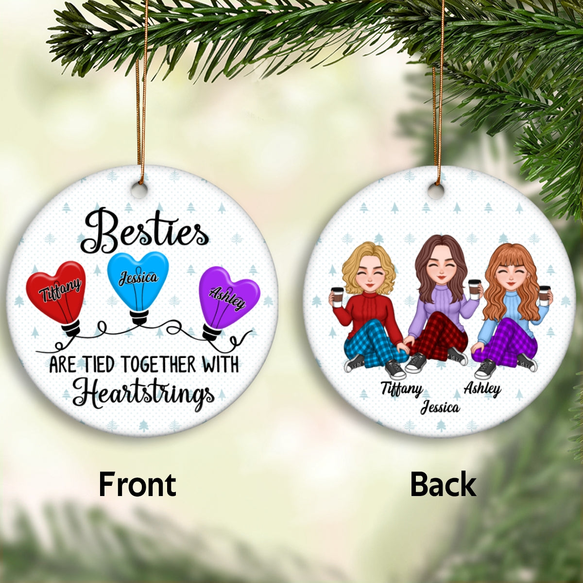 Best Friends Sisters Heartstring Personalized Double Sided Circle Ornament