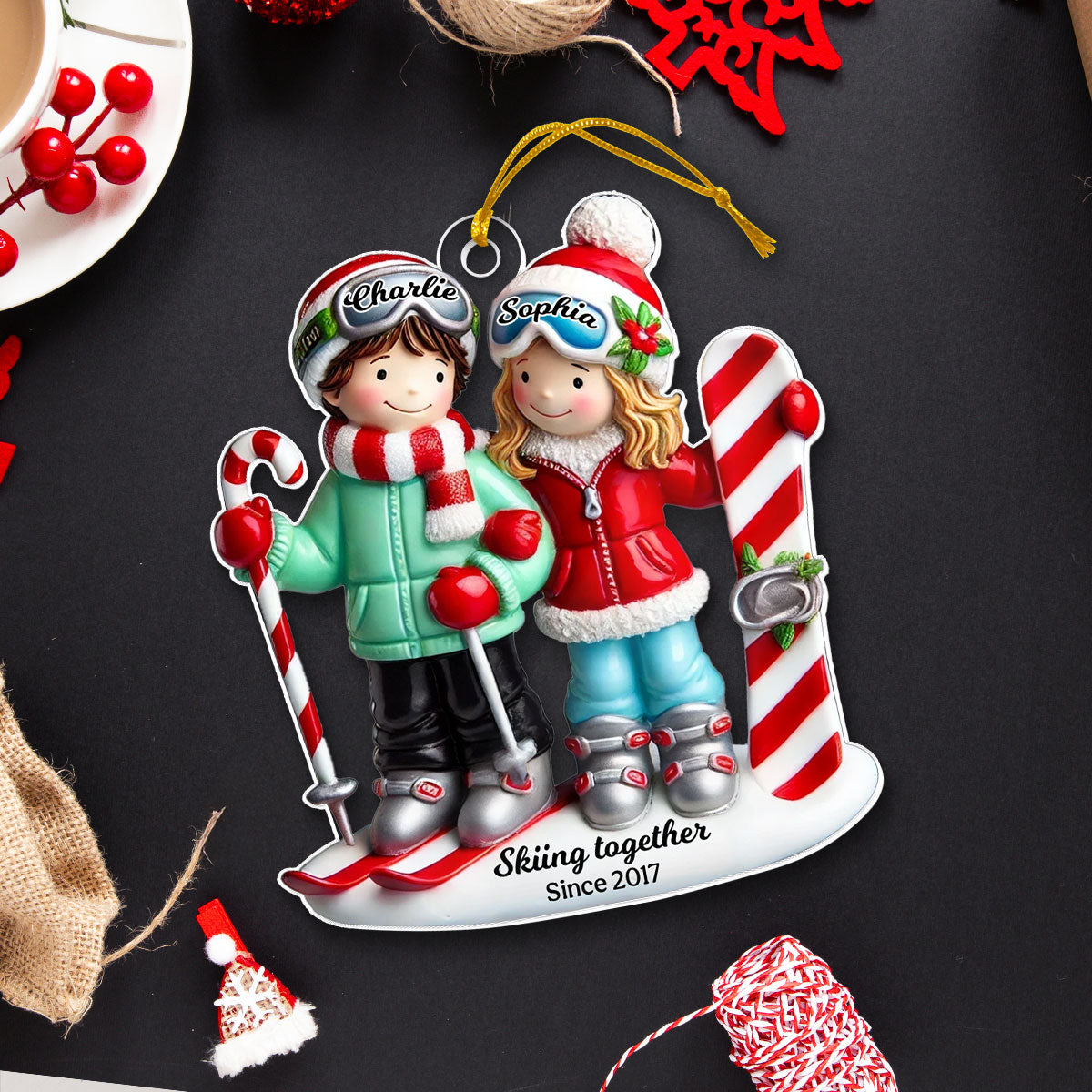 Personalized Ski Couple Christmas Acrylic Flat Ornament, Ski Resort Vacation, Adventurer, Winter Sports, Skiing Custom Xmas Gift