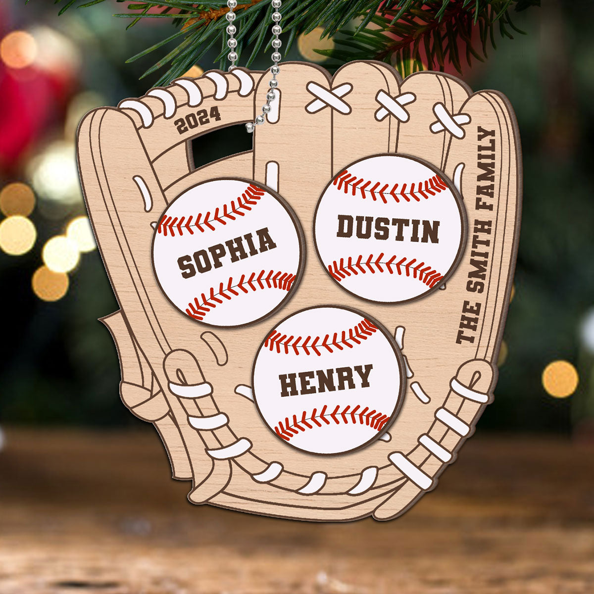 Family Baseball Globe Sport Personalized 2-Layer Wooden Ornament