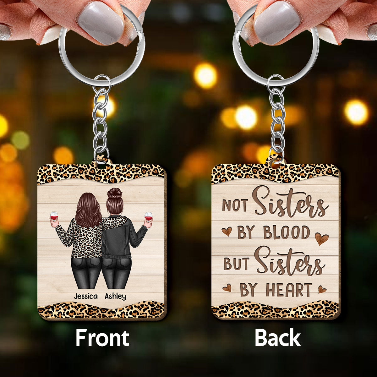 Back View Besties Leopard Gift For Best Friends Matching Personalized Wooden Keychain