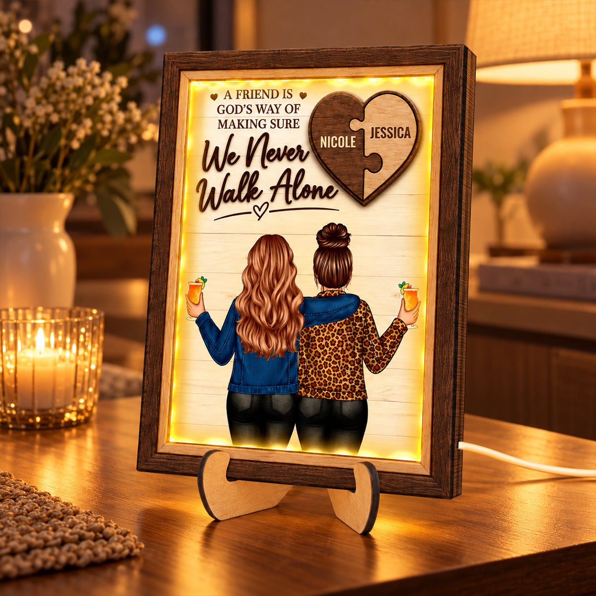 We Never Walk Alone - Personalized 2-Layered Wooden Plaque LED Light - Heartfelt Christmas Gift for Best Friends