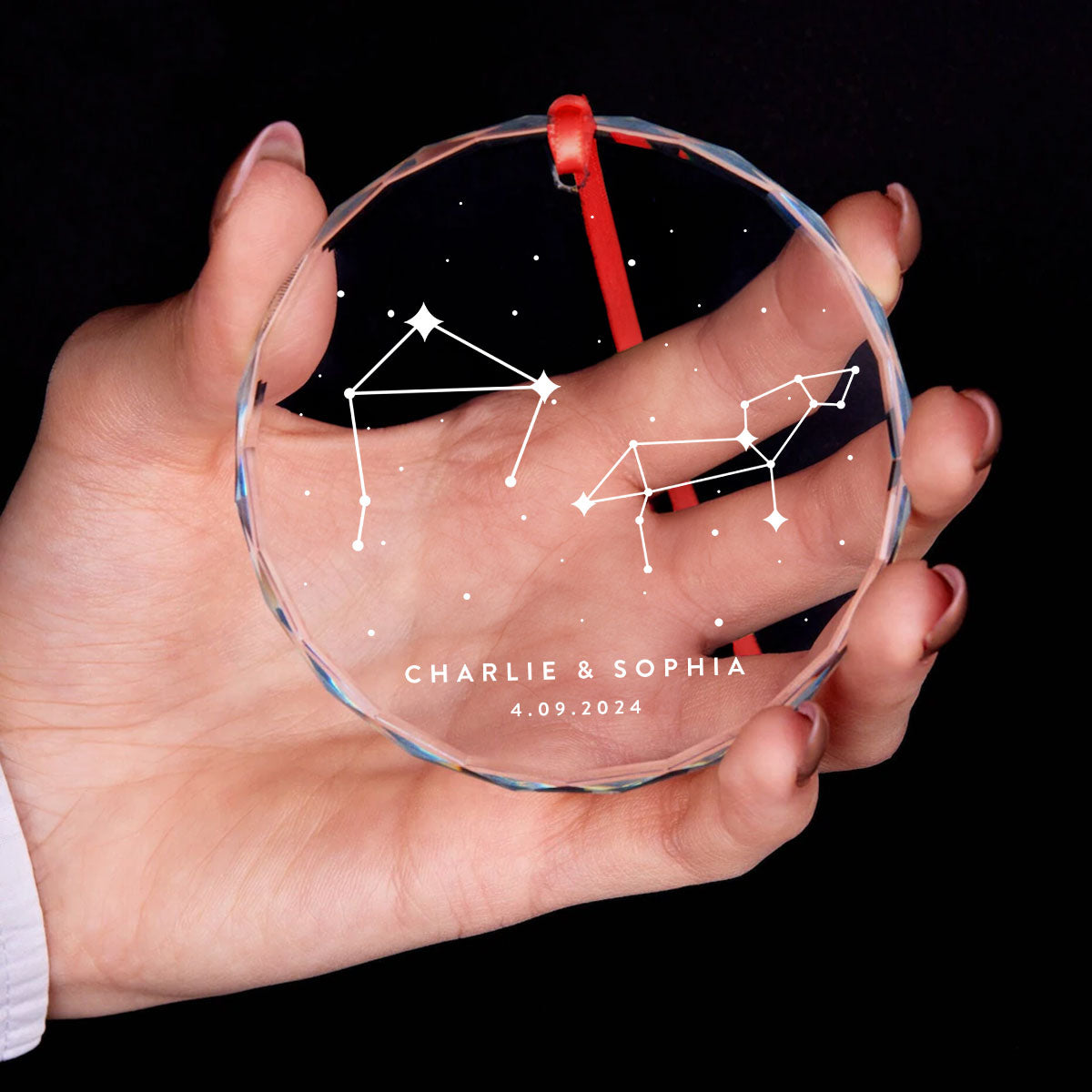 Zodiac Sign Stars Couple Personalized Glass Ornament, Christmas Gift