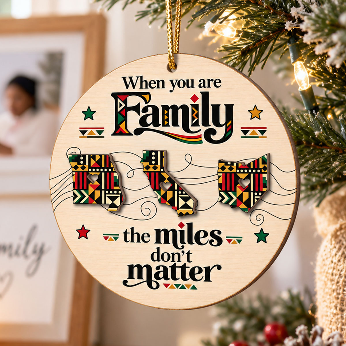 Tribal Pattern Family Miles Don't Matter Long Distance - Personalized 2-Layered Wooden Ornament - Christmas Gift For Family Members