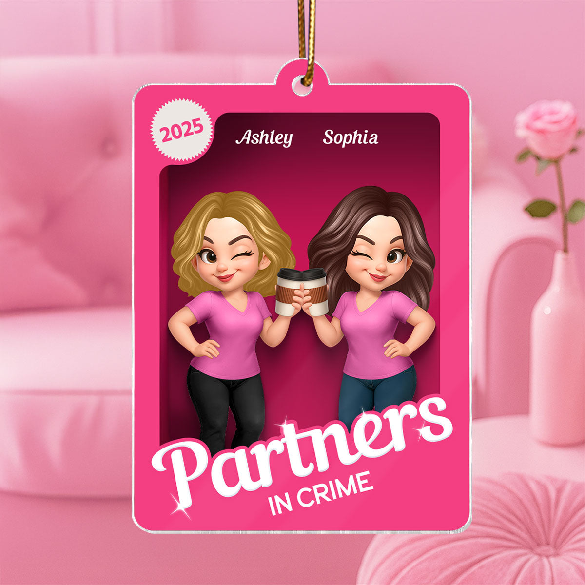Besties Sisters 3D Effect Pink Toy Box - Personalized Acrylic Ornament - Gift for Besties, Best Friends