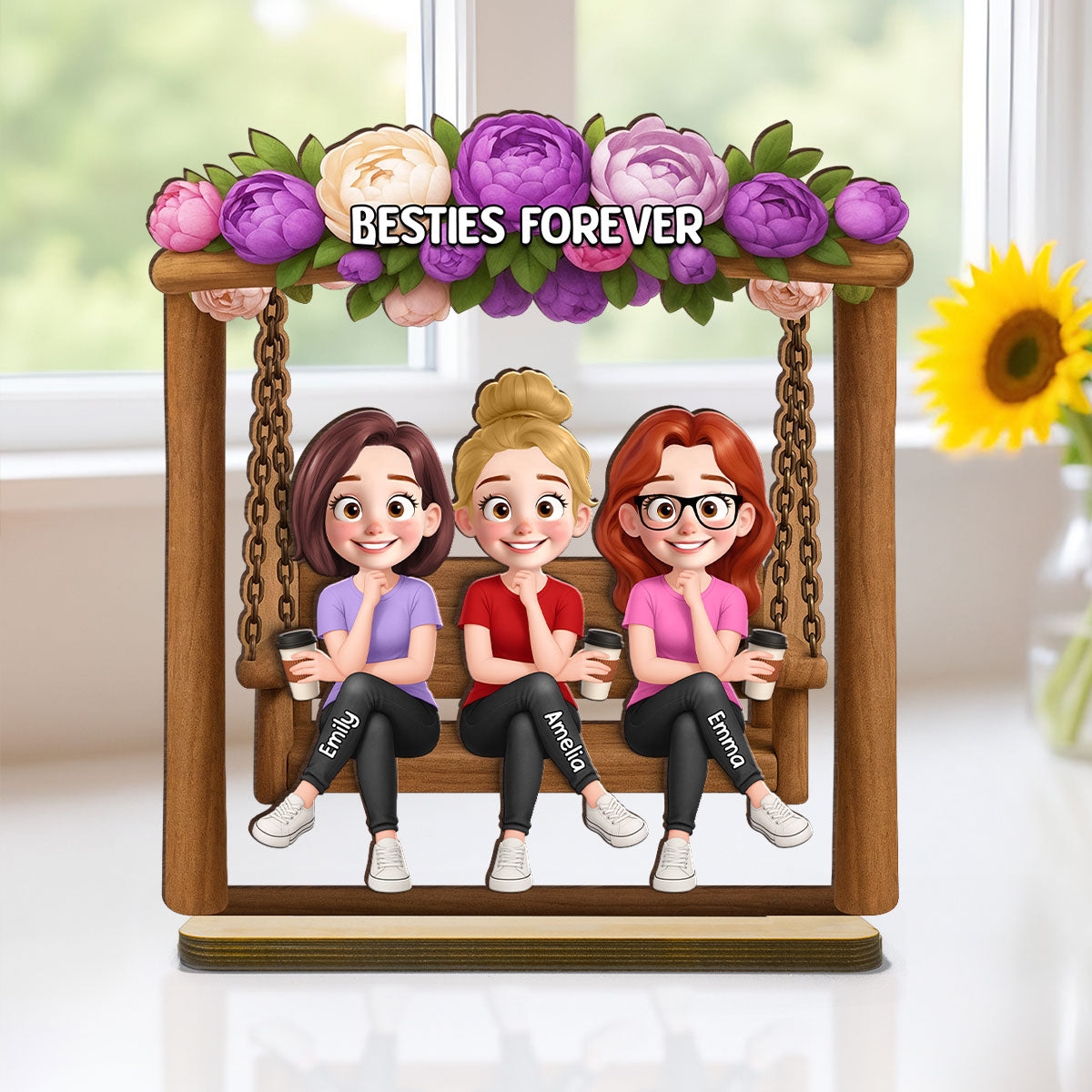Pretty Besties Sisters On Swing Flowers 3D Effect Personalized Standing Wooden Plaque