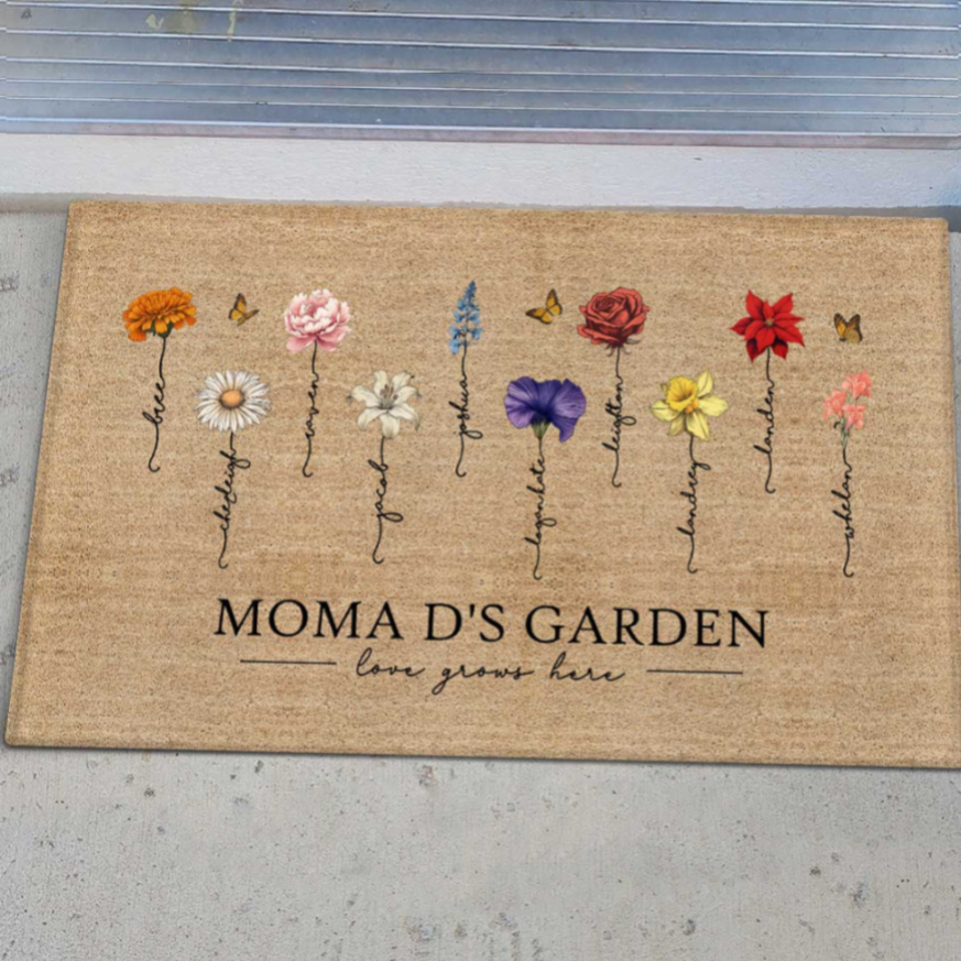 [FREE DELIVERY - Limited time offer] Grandma‘s Garden Love Grows Here Vintage Birth Flowers Swirl Name Personalized Doormat, Gift For Her, Mom, Grandma