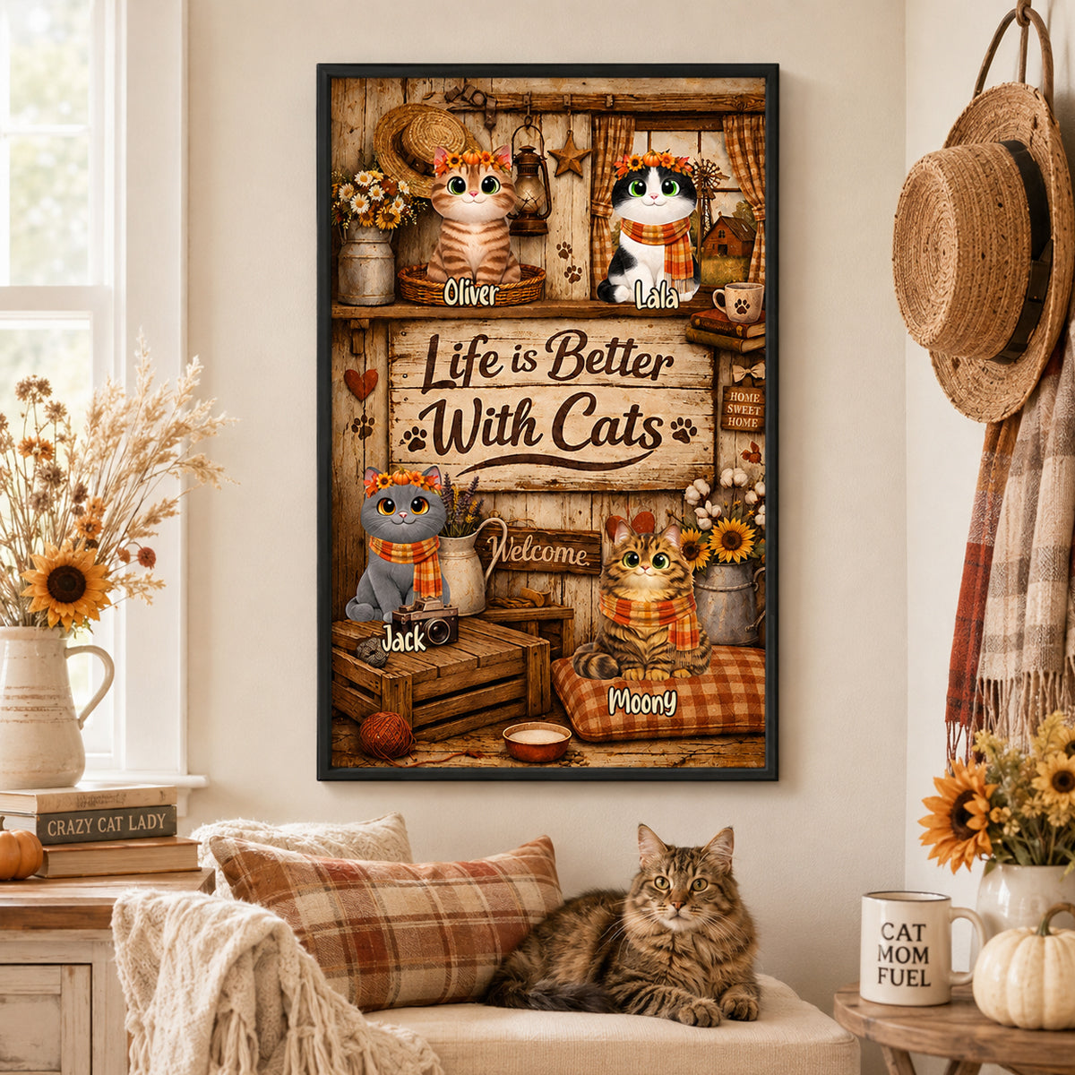 Life is Better with Cats - Personalized Poster - Cozy Fall Decor for Cat Lovers