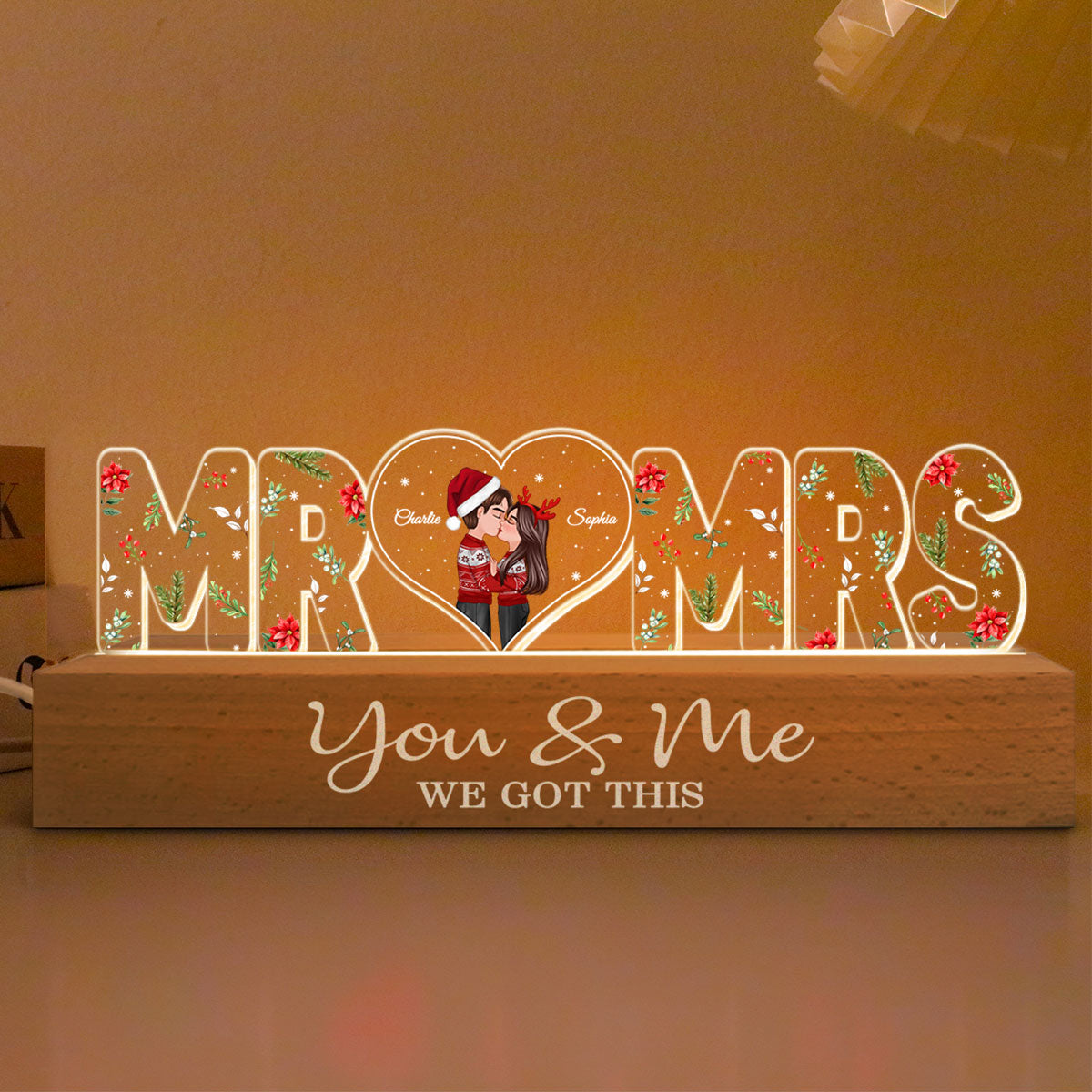 Mr and Mrs Couple Kissing Under Mistletoe Personalized LED Night Light, Christmas Gift for Newlywed, Anniversary Gift For Couple